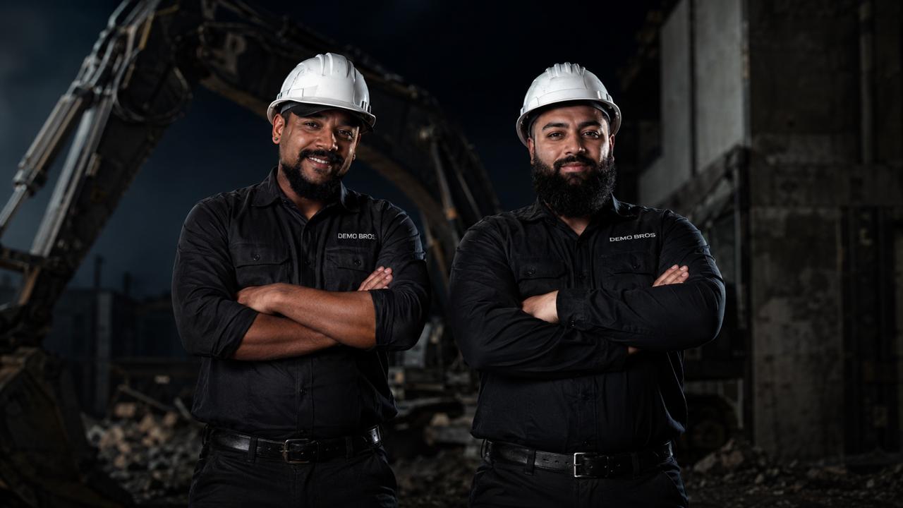 The Demo Bros founders in front of their excavator